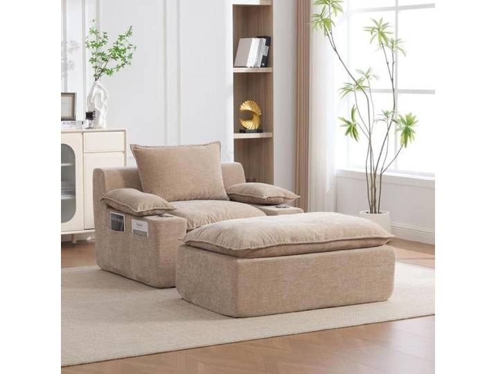 Fauteuil - KOMHTOM - Kaki clair - Chenille - 4 coussins - Porte-gobelet