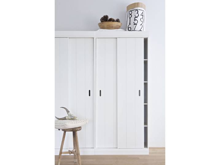 Garderobenschrank WOOOD Row FSC-Kiefernholz gebürstet mit Schiebetüren H 195 x B 85 x T 44 cm , weiss (weiß), Holzwerkstoff, Schränke, Garderobenschrank, Tragkraft 15 kg pro Boden, nebeneinander kombinierbar, pfleigleicht