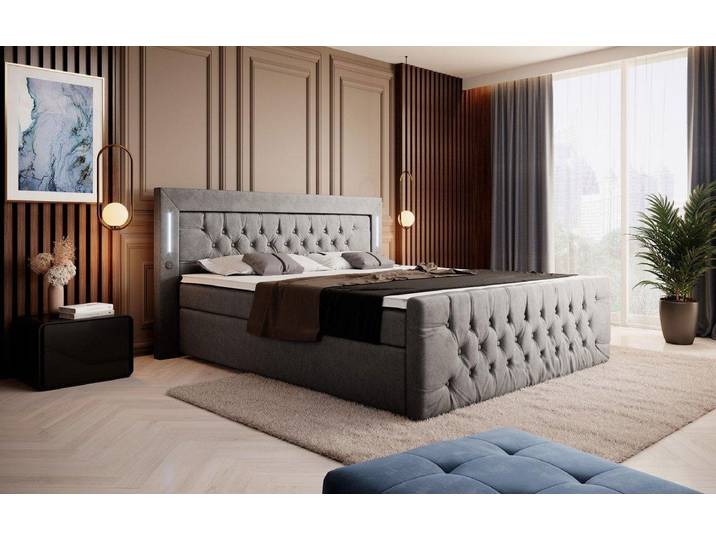Boxspringbett Elegance mit LED, USB und Stauraum - 180x200 - Grau - H3 (70-100kg) - Luxusbetten24