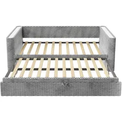 MODFU Tagesbett aus Samt in Grau, 90x200 cm, ausziehbar zu 180x200 cm, mit LED-Lichtleiste