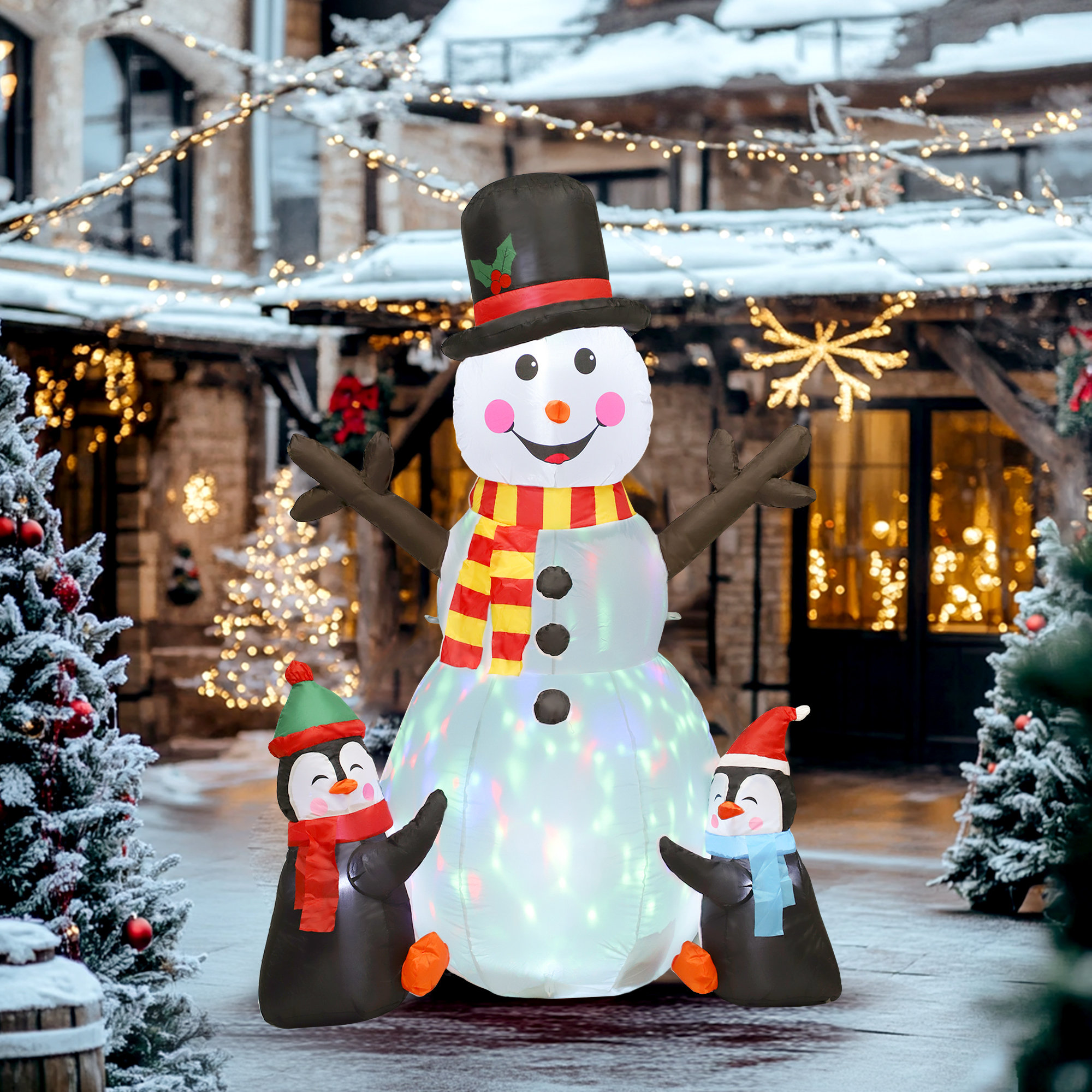 Outsunny Pupazzo di neve e pinguini gonfiabile di Natale da 180 cm con luci LED, decorazione di Natale per interno ed esterno   Aosom Italy
