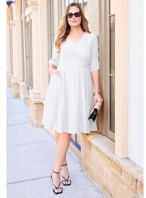 Plus Size Women's Eyelet Fit & Flare Faux Wrap Dress by Catherines in White (Size 0X)