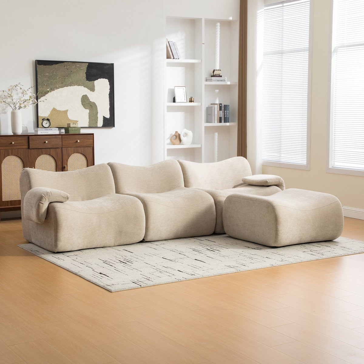 Zubaliya Modulaire 3-Zits Chenille Cloud Sofa - Licht Khaki - Frameloze Lounge Bank met 30D Schuimvulling en Antislip Onderkant