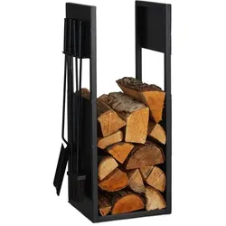 Relaxdays Schwarzes Kaminholzregal mit Besteck Schwarz