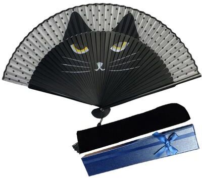 Universal Stock Cute Cat Folding Fan Silk Hand Fan In Japanese Style For Women & Girls black