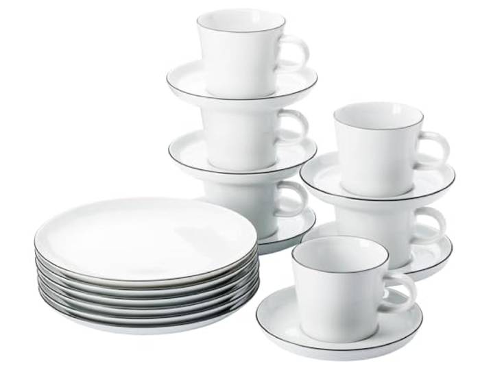 Thomas Cucina-Basic, Colori Black, weiss mit schwarzen Rand, Set 18-tlg., Frühstücksteller, Kombi-Tassen & Untertassen, spülmaschinen- & sikrowellenfest, schlichtes Design - ästhetisch und funktionell