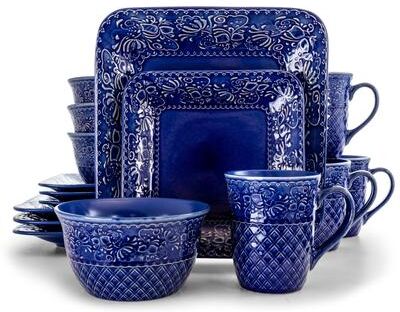 Elama Indigo Lotus 16 Piece Square Stoneware Dinnerware Set