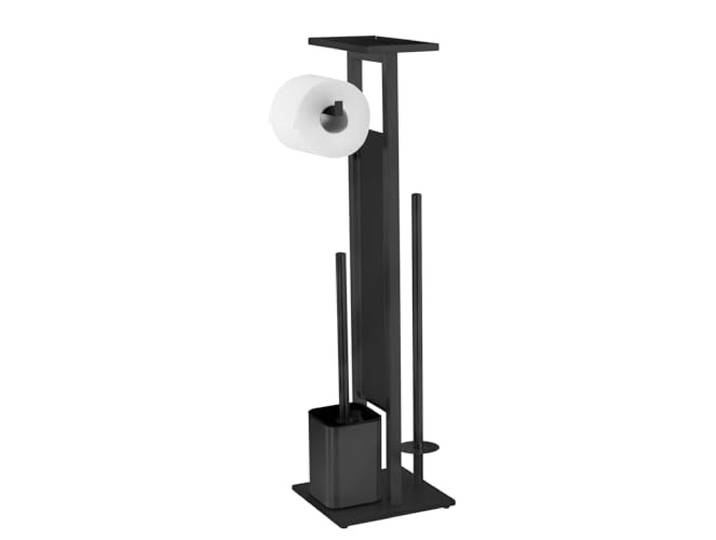 WENKO Stand WC-Garnitur Mod. Debar mit Ablage, aus mattiertem Edelstahl, Bodenplatte aus schwarzem Sicherheitsglas, 21 x 70,5 x 18 cm