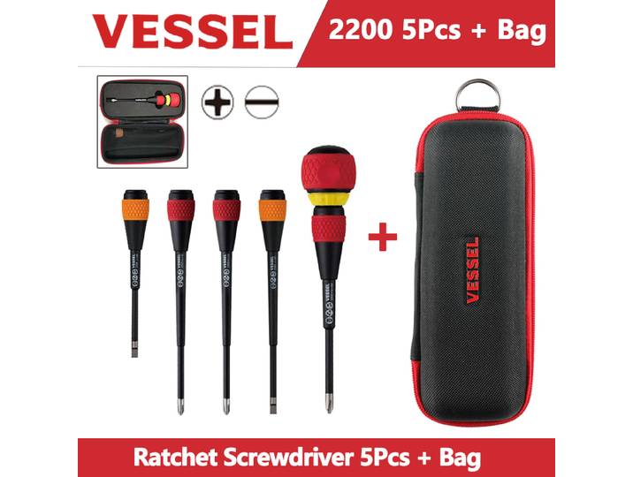 VESSEL 2200 – Ensemble de tournevis à cliquet 5 pièces + sac, 6 tournevis Phillips à 36 engrenages, tournevis 2-en-1 à fente croisée, outils à main