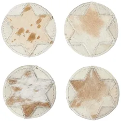 UNTERSETZER Stern, 4er-Set rund im Patchwork-Stil aus Fell & Leder, 10 cm