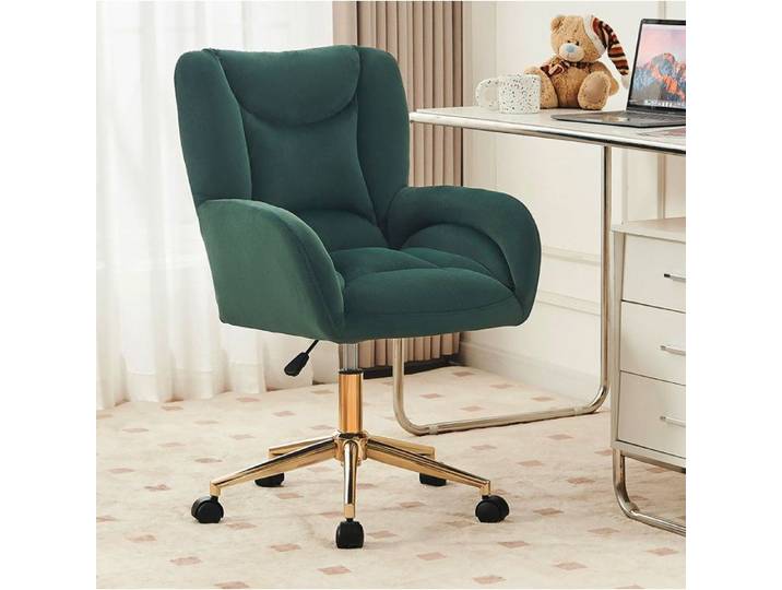 ROVRYN Chaise de bureau en velours vert réglable en hauteur avec roulettes 360° base dorée