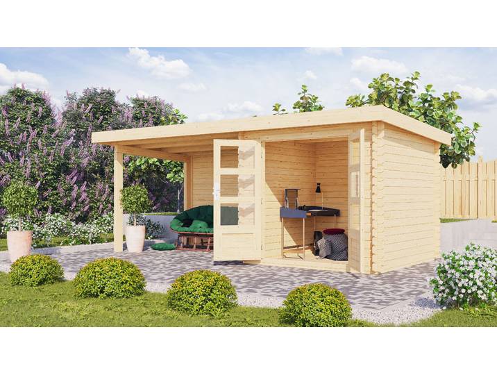 Gartenhaus KARIBU Schloßsee 2 , beige (naturbelassen), ohne Fußboden, Rückwand, ohne Dacheindeckung, Holzwerkstoff, Gartenhäuser, Gartenhaus, mit Anbaudach und Rückwand