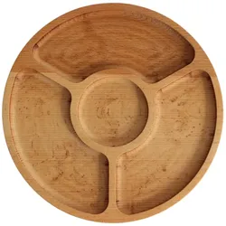 BRIZOLL Ø28cm Servierplatte aus natürlichem Holz mit 4 geteilten Fächern, Servierteller von Vorspeisen, Käse und Snacks, Holzplatte