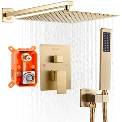 VEVOR Duscharmatur Regenduschsystem fürs Badezimmer Duschsystem mit 254 mm quadratischen Regenduschkopf & Handbrause, wandmontierte Badezimmerarmaturen mit Messingventil & Zierset, gebürstetes Gold