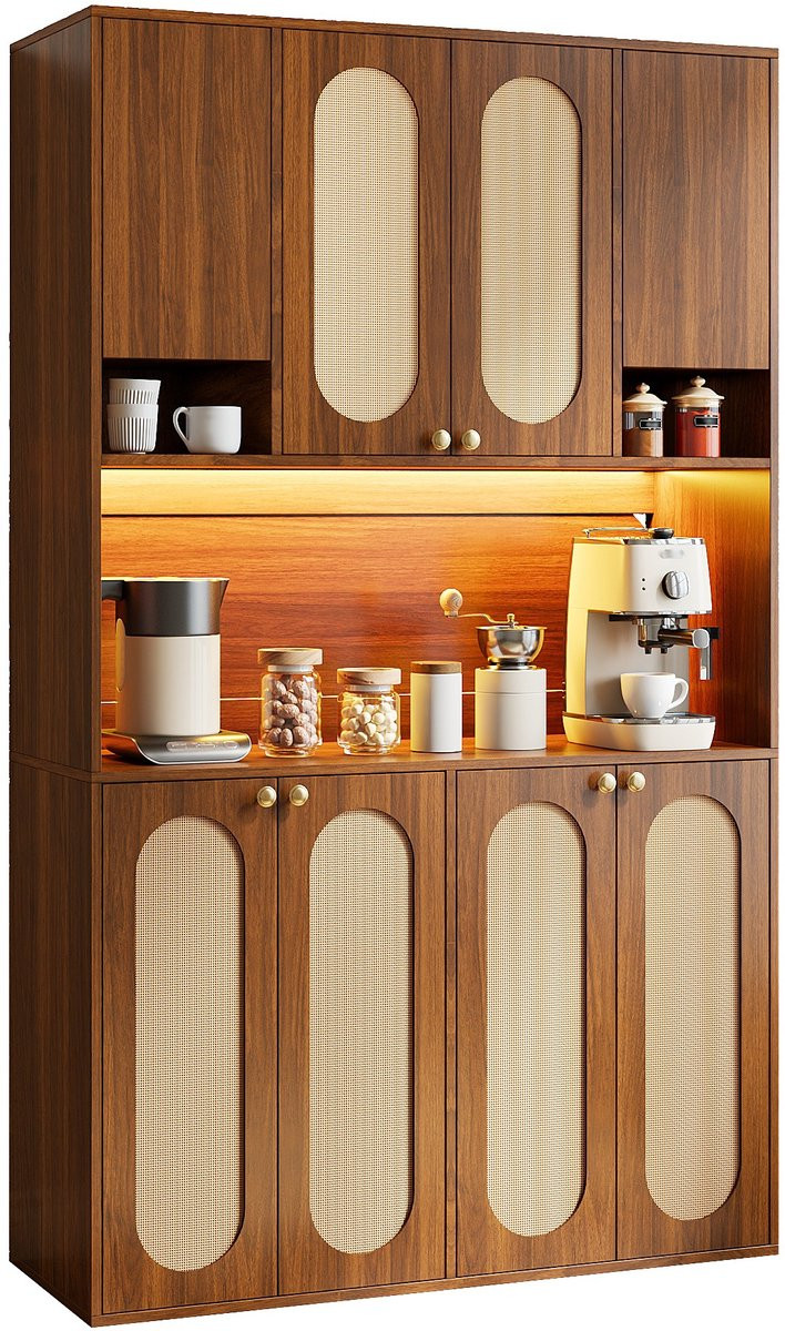 Buffetkast Sideboard met 8 deuren, PE-Rattan, Verstelbare LED en Gedempte Scharnieren, Natuurlijk