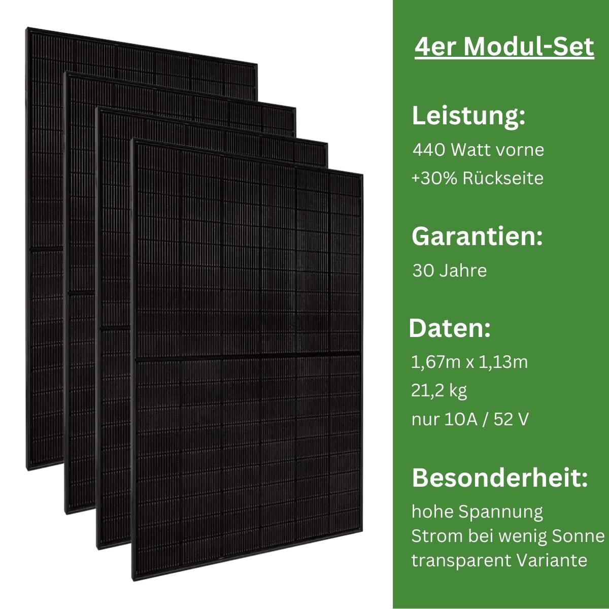 MYVOLTAICS 4x 440+ Watt Premium Hochleistungsmodule - Doppelglas transparent Variante zur Stromerzeugung von beiden Seiten (bifazial)