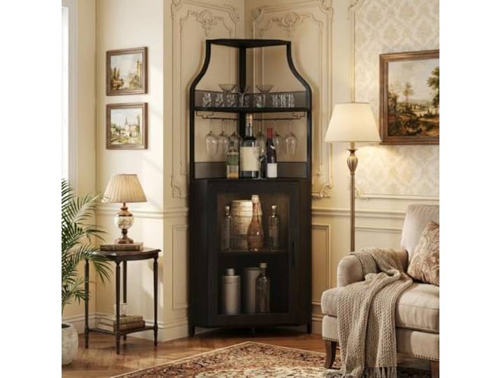 Litake Eckbar-Kommode, Flaschenregal Mit Verstellbaren Regalen, 5-Schichten Landhausweinkommode Mit Verschließbarem Tür Und Verstellbaren Füßen Für Esszimmer, Wohnzimmer, Küche, Schwarz