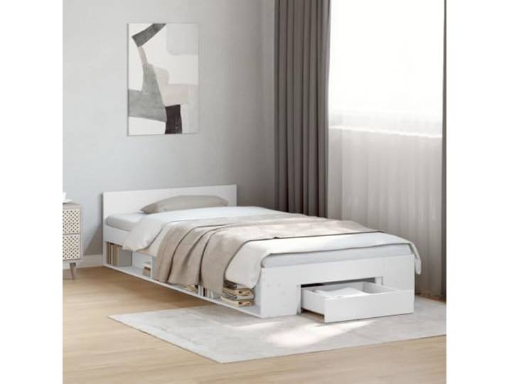 RJPLMFV Bettgestell mit Schublade, weiß, 90 x 200 cm Langlebiges Holzwerkstoff, robuste Latten, seitliche Aufbewahrung, ohne Matratze