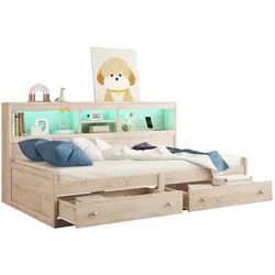 STILVORA Tagesbett 90x200 Schlafsofa LED-Beleuchtung USB-Anschlüsse Schubladen Spanplatte MDF komfortabel modern multifunktional Natur