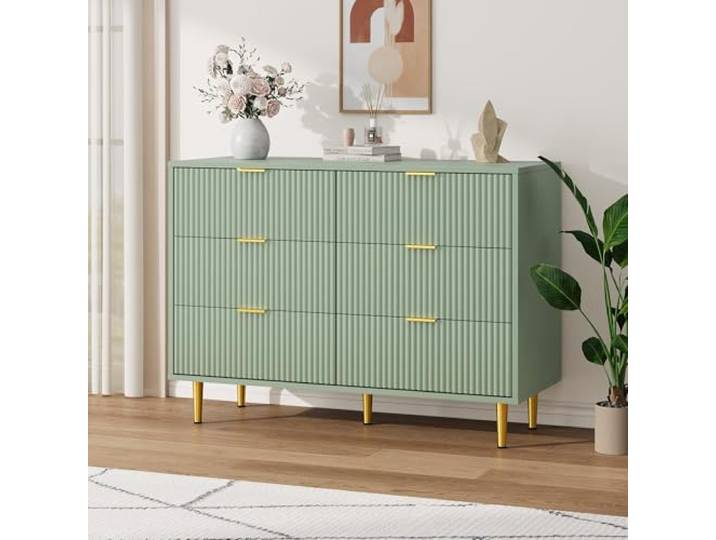 Zstar Kommode 6 Schubladen Wellenfront goldene Griffe Metallbeine Olivgrün
