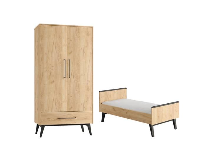 Lit évolutif 70x140 et armoire 2 portes Pinio Retro Bois