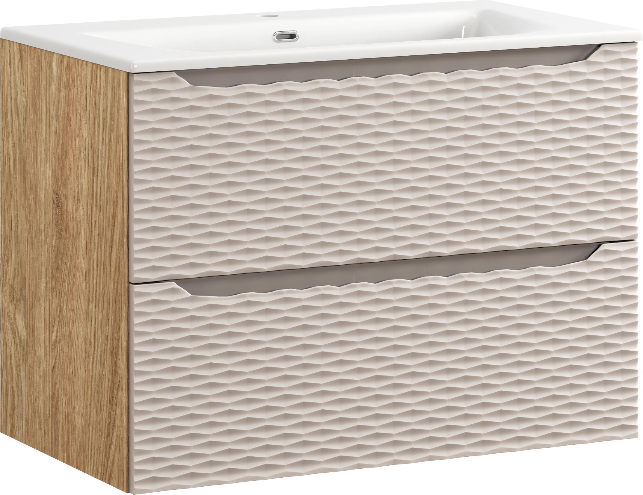 Badezimmerschrank 80 Cm Mit Keramikwaschbecken 81 Cm - Eiche + Beiges Holzdekor