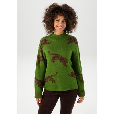 Strickpullover ANISTON CASUAL, Damen, Gr. 36, braun (grün, dunkelbraun), Strick, Obermaterial: 100% Polyacryl, Jacquardmuster, lässig geschnitten hüftlang, Strickkante, Pullover Strickpullover, mit eingestrickten Leoparden