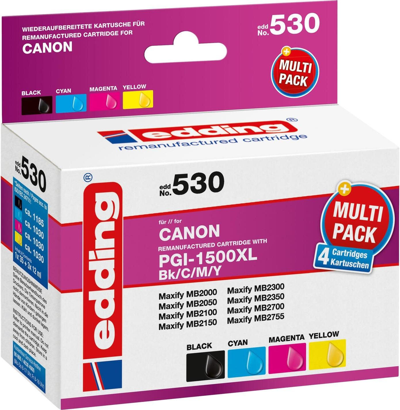 Edding Set van 4 Printerpatronen Compatibel met Canon PGI-1500 XL Zwart, Cyaan, Magenta en Geel