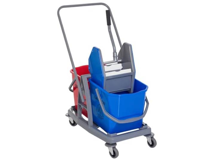 HOMCOM Chariot de Lavage Presse à Mâchoire 73x45x92cm Gris Bleu Rouge Chariot de Nettoyage Professionnel\, 2 Seaux 25 L\, Plastique