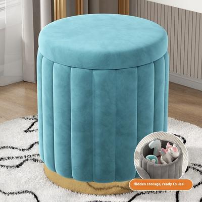 Combo Retail Shop Makeup Stool, Bedroom Multi Functional Storage Vanity Stool, Cream Style Nail Circular Low Stool With Storage blue Velvet Fabric
