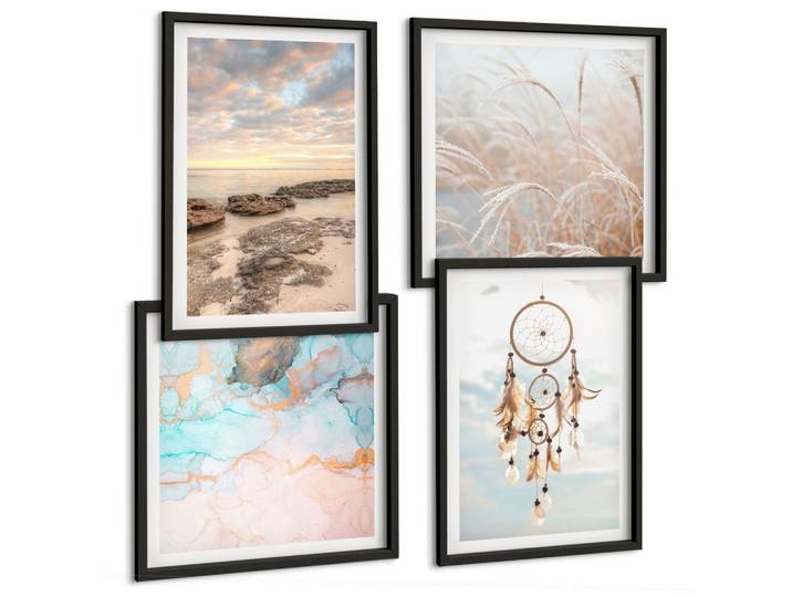 BILDER SET 4er Set - 50x50 cm & 40x60 cm Schwarzer Rahmen - Wolkenmeer, Traumfänger, Gras