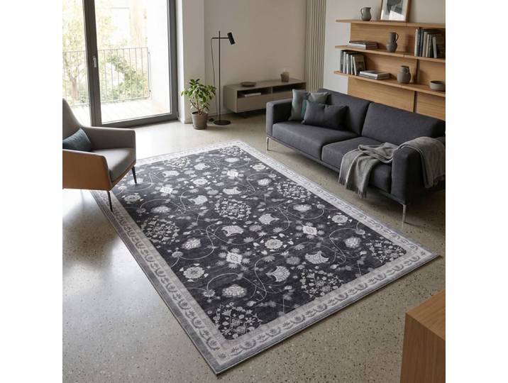Carpetsale24 Tapis Lavable Noir 160x230 cm Grand Salon Salle à Manger Chambre Vintage Design Oriental Style Élégant Déco