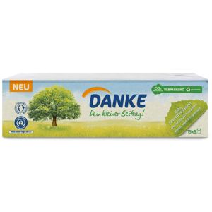 Danke Taschentücher Dein kleiner Beitrag, Päckchen, Recyclingpapier, 4-lagig, nasenweich, je 9 Tücher, 15 Stück