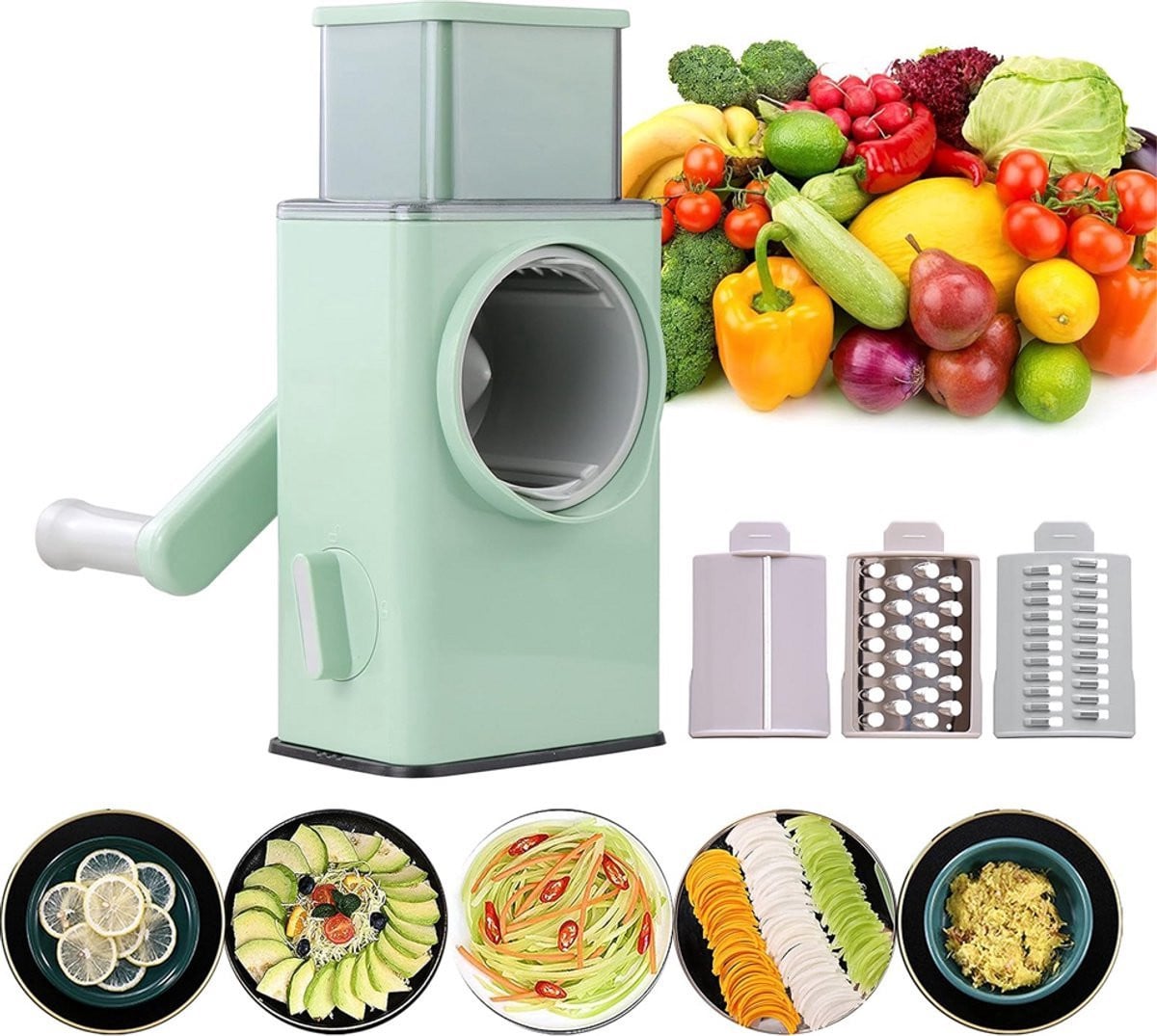 Multifunctionele mandoline groentesnijder met meerdere messen, groen, BPA-vrij en vaatwasserbestendig