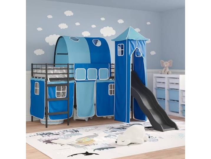 KTHLBRH Metallbett Loft für Kinder, schwarz und blau, 75 x 190 cm Faltbar, Ösenvorhänge, atmungsaktive Netz-Einsätze, Verwendung im Innenbereich
