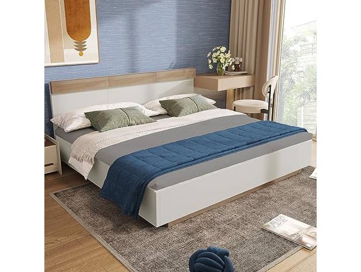 Merax Holzbett Doppelbett Schwebebett 160x200 cm mit Lattenrost & Kopfteil – Bettgestell in Eiche Sonoma/Weiß – Modernes Design ohne Matratze