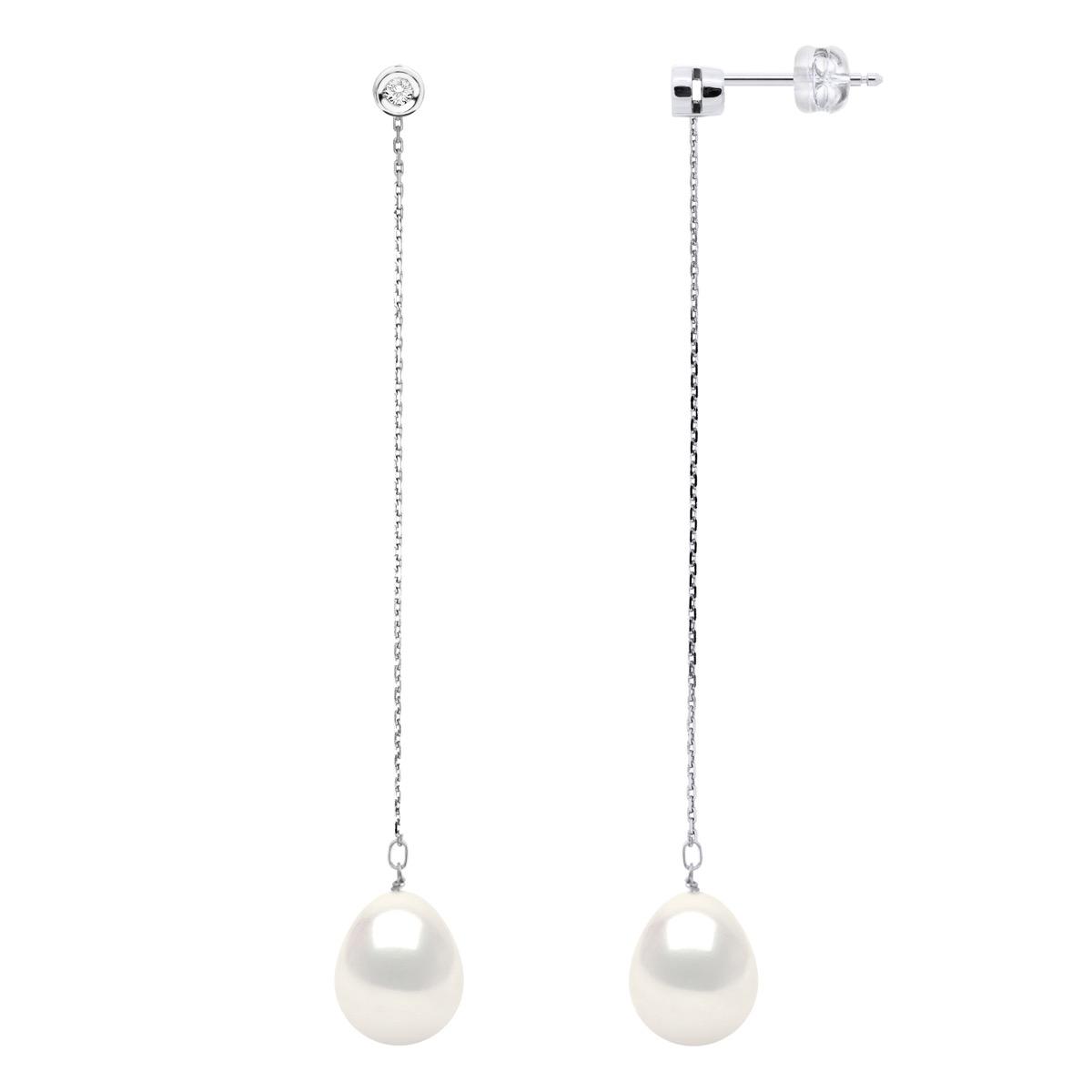 Ohrringe Prestige – Diamanten 0,02 ct – Qualität HSI – Weißgold – echte Süßwasser-Zuchtperlen Birne 9–10 mm