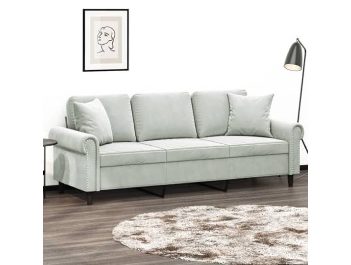 HEFZGDB Modernes 3-Sitzer-Sofa mit Zierkissen in Hellgrau 180 cm Samtstoff – Robustes Metallgestell für Stabilität und Weicher Velours für Komfort, Bequeme Polsterung und Dekorative