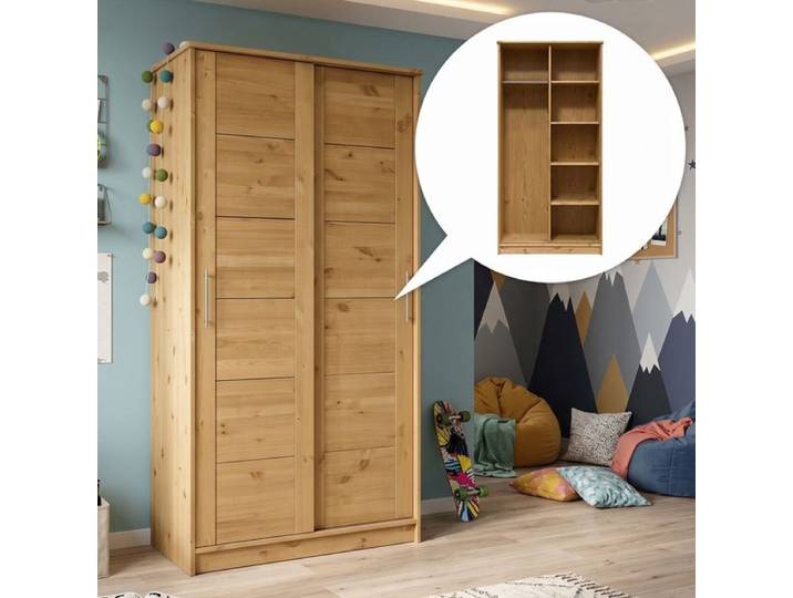 Schiebetüren-Kleiderschrank Kids Paradise Kiefer Massivholz mit Innenausstattung H 200cm H:200cm/B:100cm/T:58cm Braun klassischer Stil