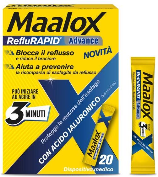 Maalox RefluRAPID Advance Bruciore di Stomaco 20 Bustine Antiacido ad Azione Rapida