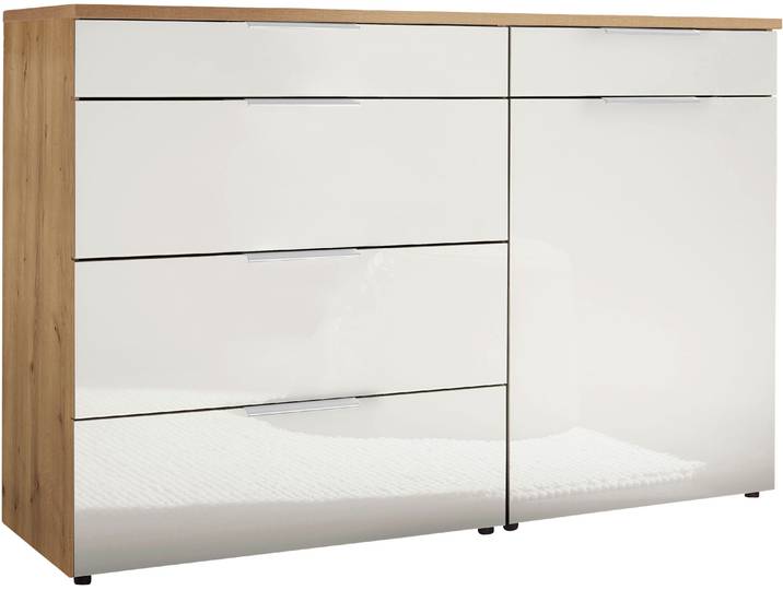 Kombikommode, Holzwerkstoff, Weiß & Eiche, 120×91,2×43 cm, 5 Schubladen, Wiemann Como