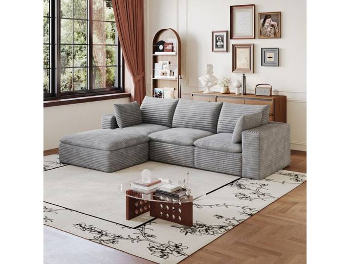 HOMVRA Canapé d'angle modulable 260 cm en velours côtelé gris mousse compressée