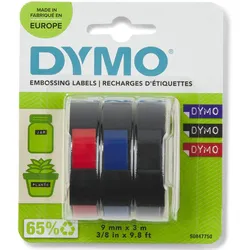 DYMO® Original Prägeband-StarterSet für OMEGA und JUNIOR, Plastik - je 1 x glänzend schwarz, rot, blau