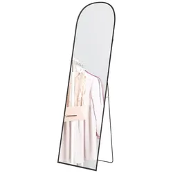 OKWISH Standspiegel Ganzkörperspiegel 170x50x2 cm Schwarz mit bruchsicherem HD-Glas, Alurahmen, klappbarem Ständer zum Anlehnen oder Wandmontage