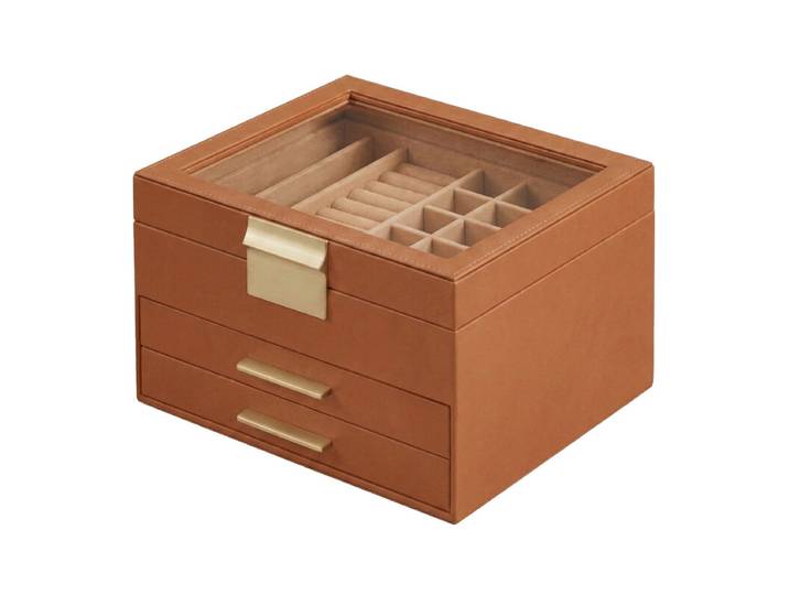 JOYFURNOS Sieradendoos met Glazen Deksel, 3-Lagen Sieraden Organizer, 2 Lades, Sieradenopslag, 20 x 23 x 13,5 cm, Bruin, Goud