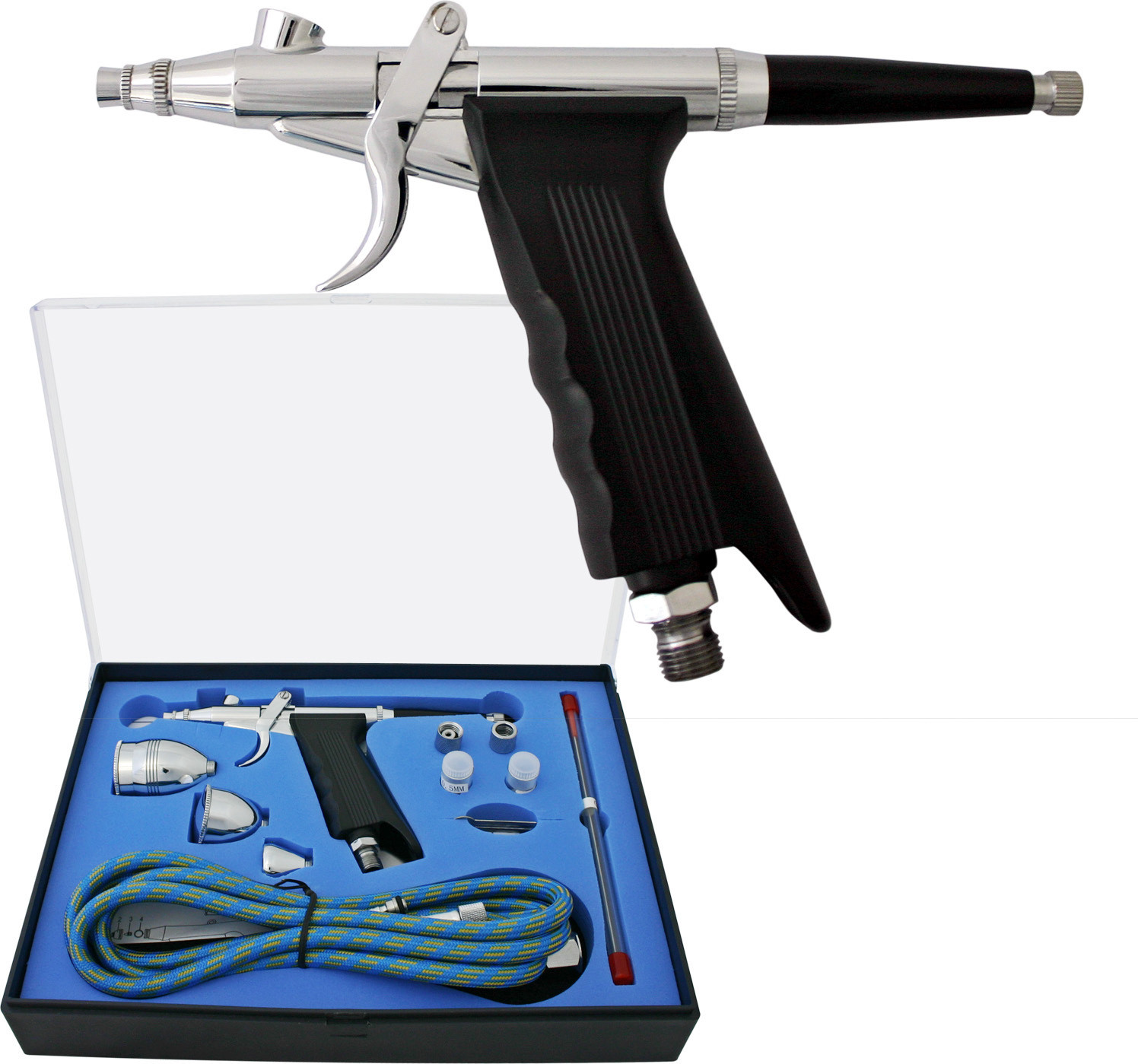 Wiltec Airbrush-set type 116AK met dubbelwerkingsfunctie, naald en nozzle 0,2-0,5 mm en 3 bekerhouders