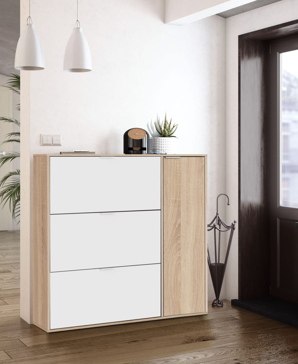 duehome Zapatero con 4 puertas roble canadian y blanco