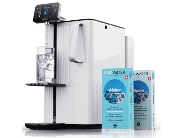 LANGWATER Auftisch Osmoseanlage mit Anpassbarer Mineralisierung & Heißwasserspender - Umkehrosmoseanlage mit 4-stufigem Wasserfilter (langlebige NSF58 RO, UV) & 2 Mineralpacks aus der Schweiz