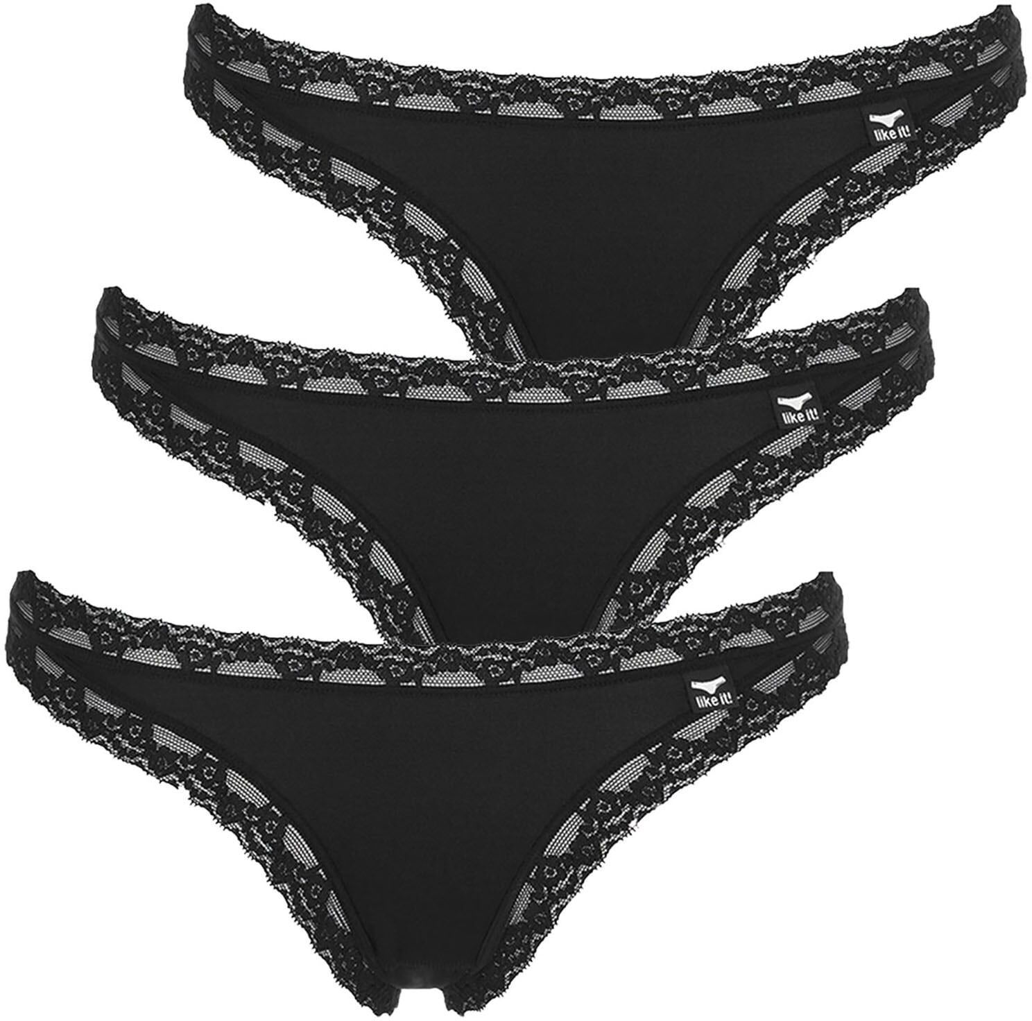 Like It! String LIKE IT "3er Pack Damen String Olivia", Damen, Gr. S, Stoff, schwarz, Stoff, Obermaterial: 92% Polyamid PA. 8% Elasthan EL., Unterhosen String