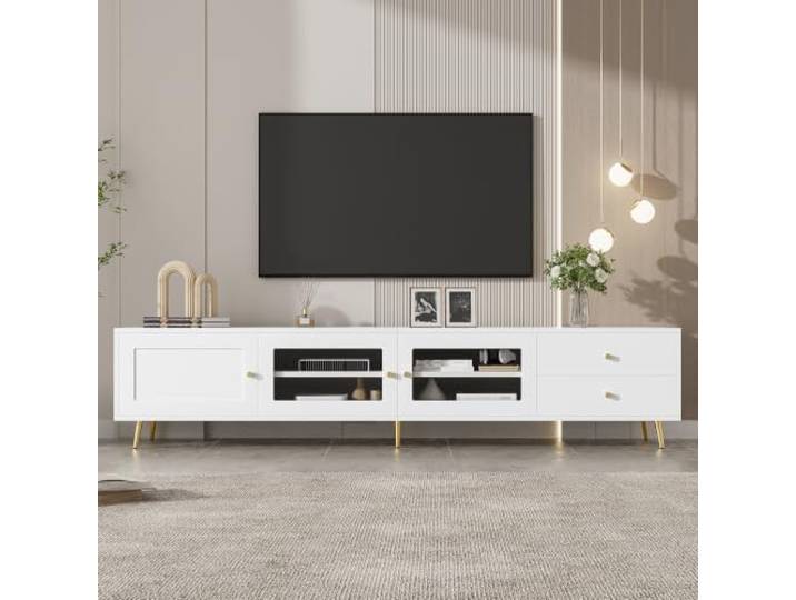 HOSAUNA Weiße TV‑Kommode Fernsehschrank mit Glastüren, Schubladen bis 70‑Zoll‑Fernseher, goldene Metallfüße, verstellbare Einlegeböden, Spanplatte, Wohnzimmer, auch als Sideboard verwendbar